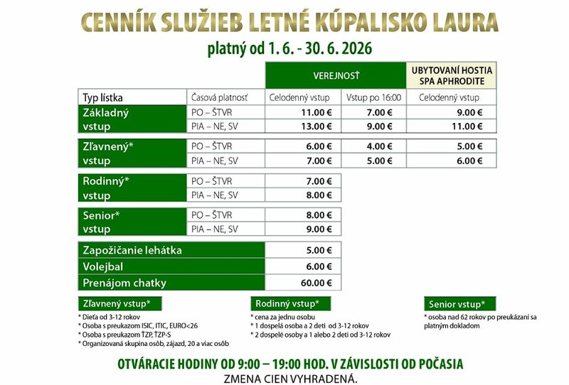 Kúpalisko Laura - cenník 2026