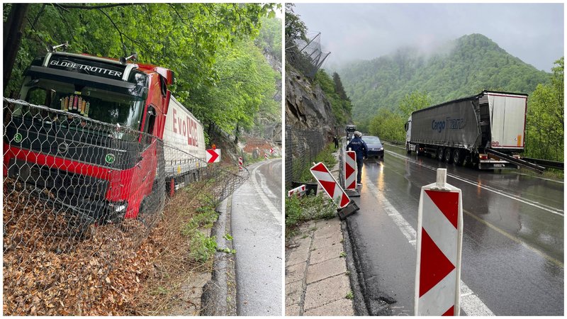 Nehoda dvoch kamiónov pod Strečnom -  Doprava je obmedzená, poškodené sú aj ochranné siete