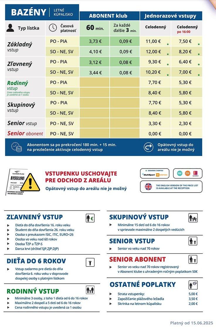 Plaváreň Žilina - Cenník pre vonkajšie bazény